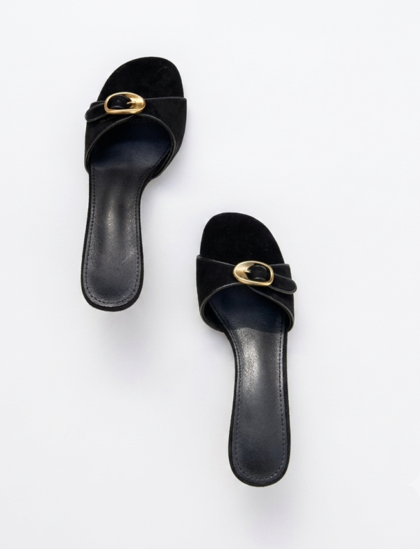 Mules en daim noir à boucle doré - Noir