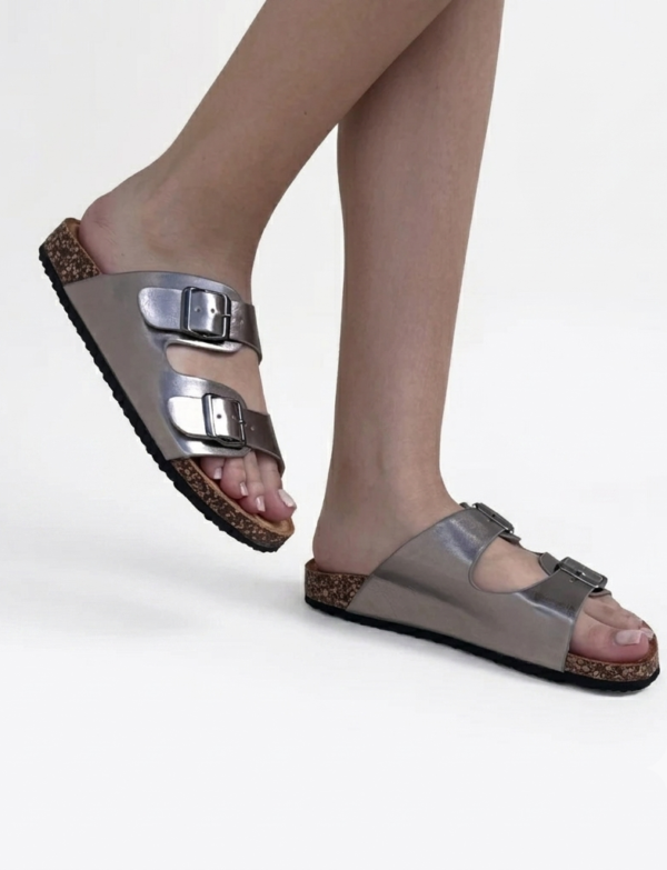 Sandales plates à double boucle en cuir - gris metallisé