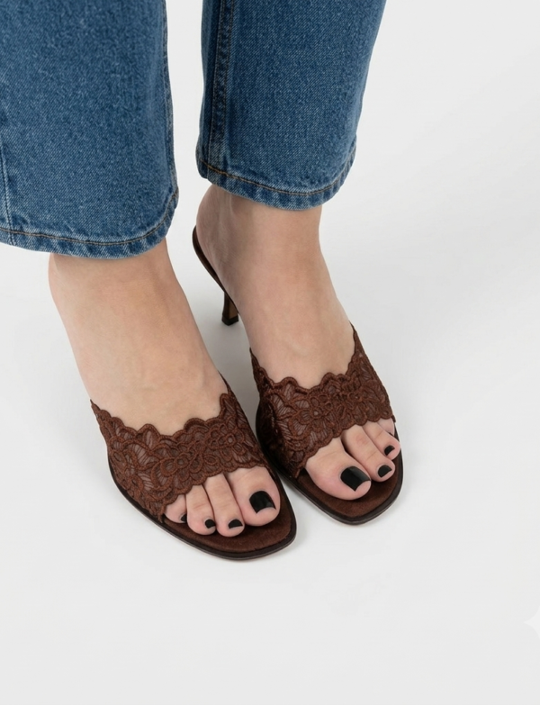 Sandale à talons en dentelle 3.5 cm - Marron