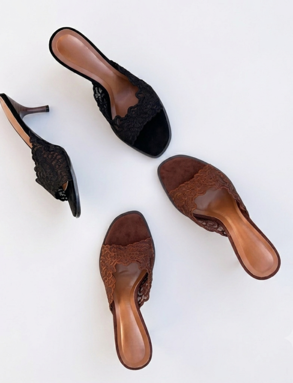 Sandale à talons en dentelle 3.5 cm - Noir